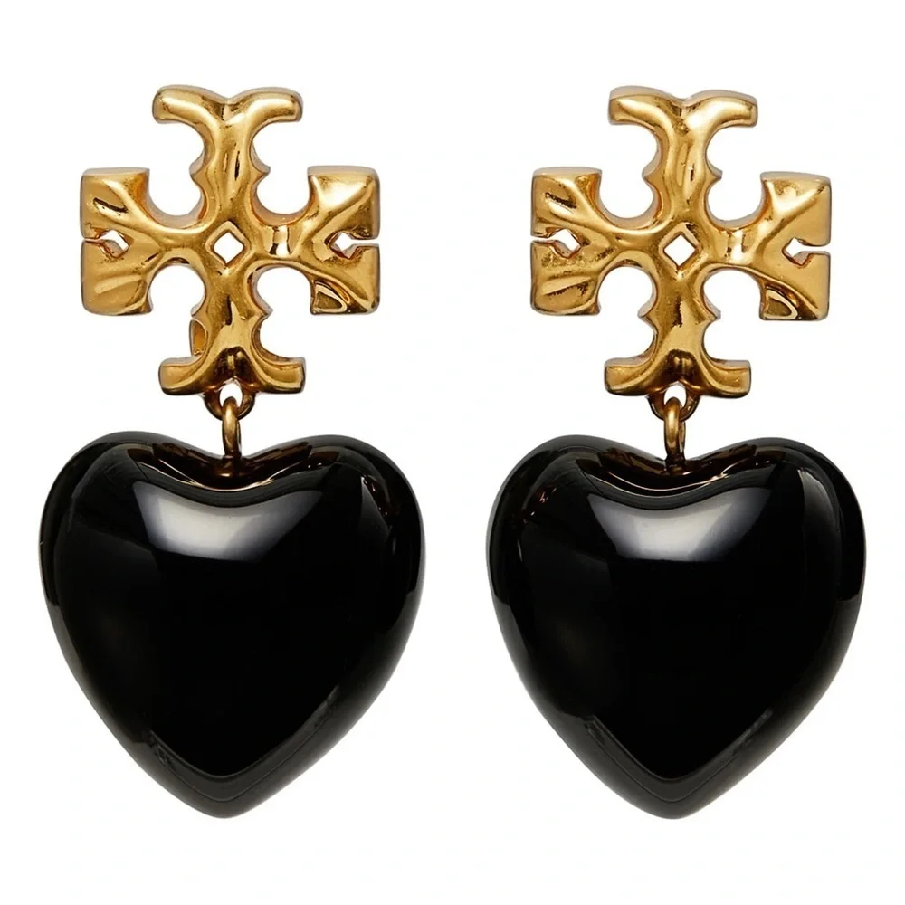 Tory Burch Authentic Vintage Roxanne Gold-Tone & Resin Heart Earrings In Black - Picture 9 of 10